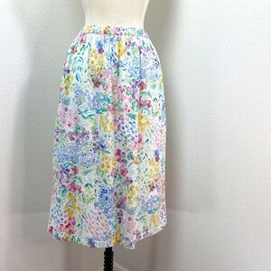 Vintage Koret Floral Midi Skirt in White with Pastel Blue, Pink & Yellow
